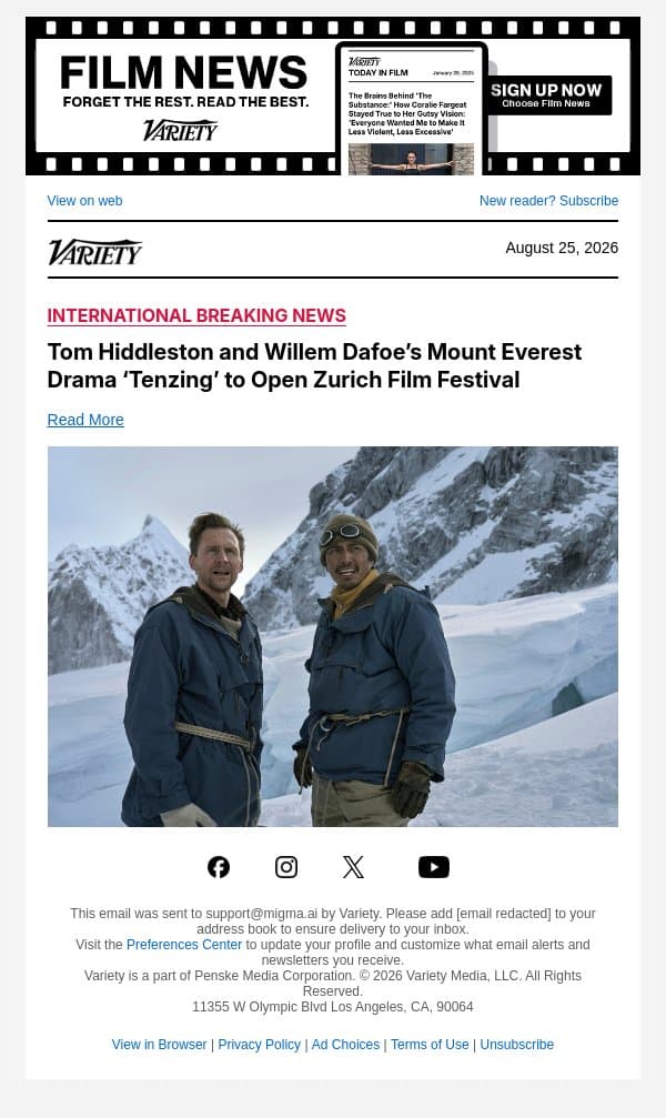 Tom Hiddleston and Willem Dafoe’s Mount Everest Drama ‘Tenzing’ to Open Zurich Film Festival email from Variety screenshot