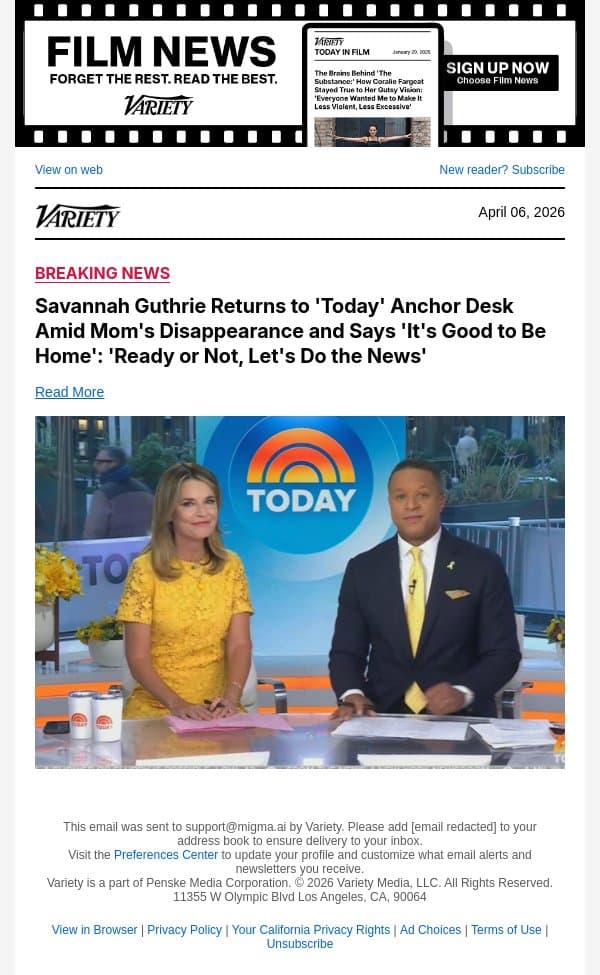 Savannah Guthrie Returns to 'Today' Anchor Desk Amid Mom's Disappearance and Says 'It's Good to Be Home': 'Ready or Not, Let's Do the News' email from Variety screenshot