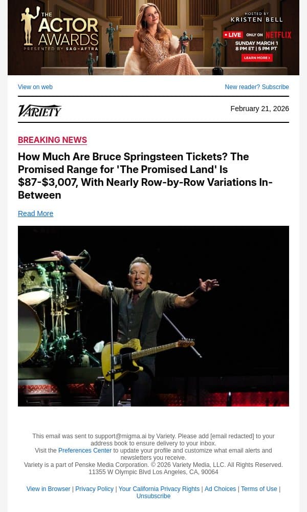 How Much Are Bruce Springsteen Tickets? The Promised Range for 'The Promised Land' Is $87-$3,007, With Nearly Row-by-Row Variations In-Between email from Variety screenshot