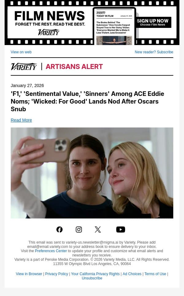 'F1,' 'Sentimental Value,' 'Sinners' Among ACE Eddie Noms; 'Wicked: For Good' Lands Nod After Oscars Snub email from Variety screenshot