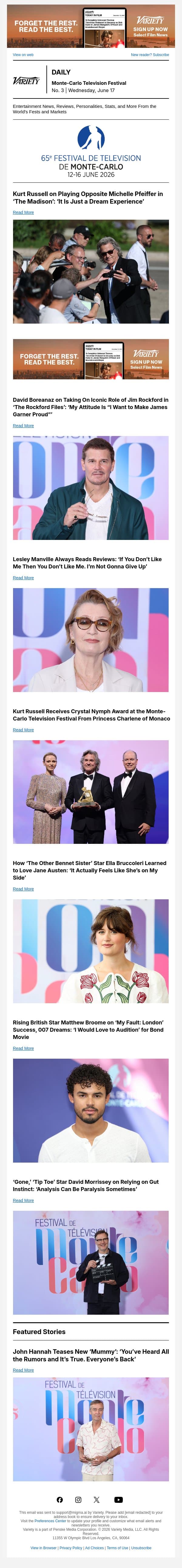 Kurt Russell on ‘The Madison’: Boreanaz Discusses 'Rockford'; Manville's Take on Reviews email from Variety screenshot