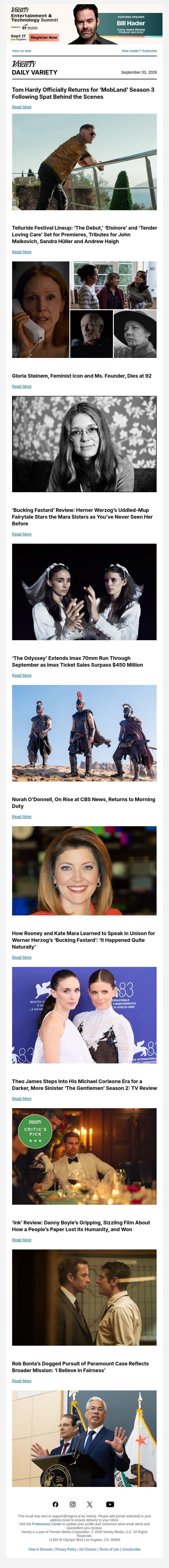 'MobLand' Renewed With Hardy Back; Telluride Lineup Revealed; Gloria Steinem Dies email from Variety screenshot