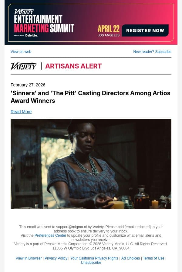'Sinners' and 'The Pitt' Casting Directors Among Artios Award Winners email from Variety screenshot
