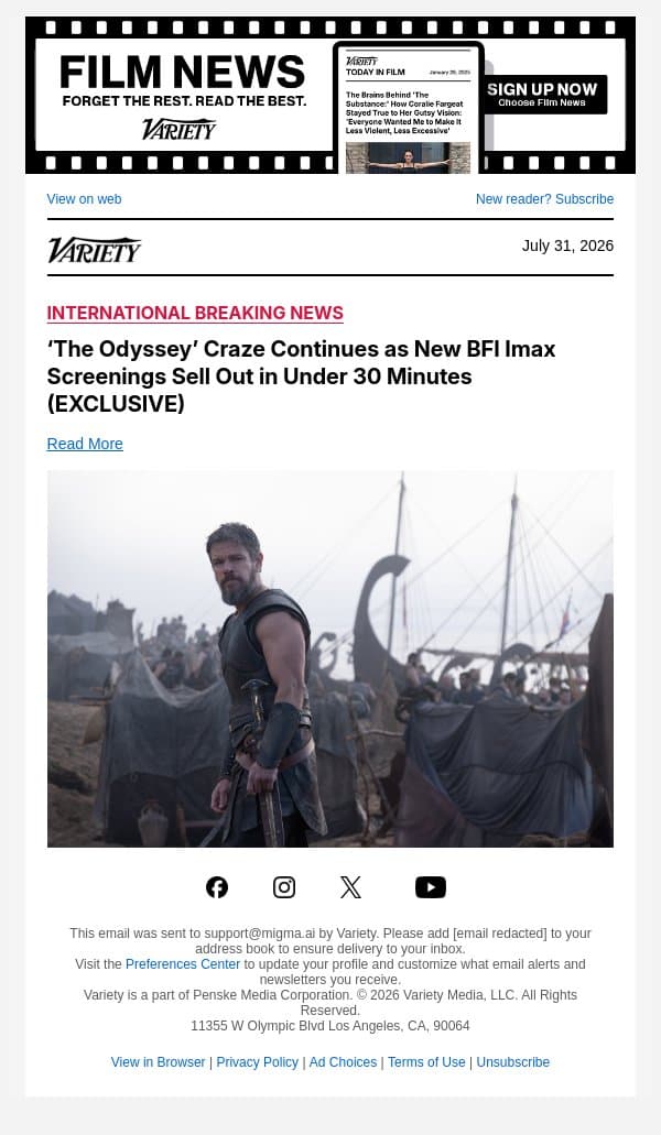 ‘The Odyssey’ Craze Continues as New BFI Imax Screenings Sell Out in Under 30 Minutes (EXCLUSIVE) email from Variety screenshot