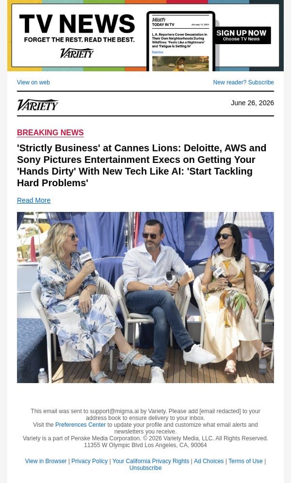 'Strictly Business' at Cannes Lions: Deloitte, AWS and Sony Pictures Entertainment Execs on Getting Your 'Hands Dirty' With New Tech Like AI: 'Start Tackling Hard Problems' email from Variety screenshot
