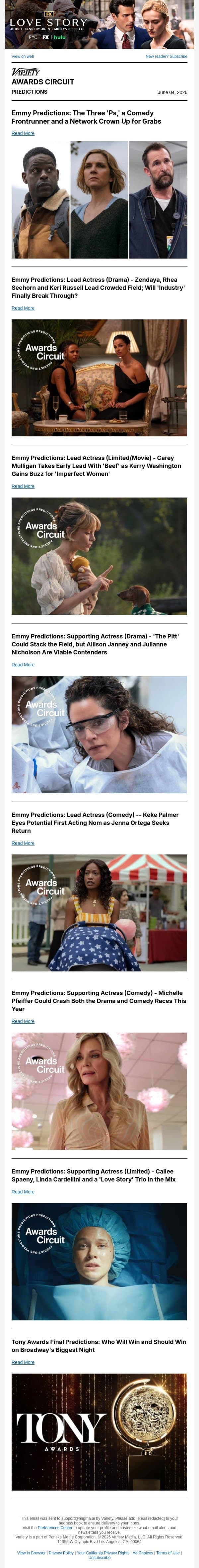 Emmy Predictions: One Week Until Voting Begins; Tony Awards Help Contenders email from Variety screenshot