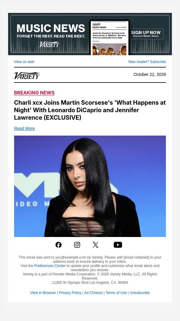 Charli xcx Joins Martin Scorsese's 'What Happens at Night' With Leonardo DiCaprio and Jennifer Lawrence (EXCLUSIVE) email from Variety screenshot