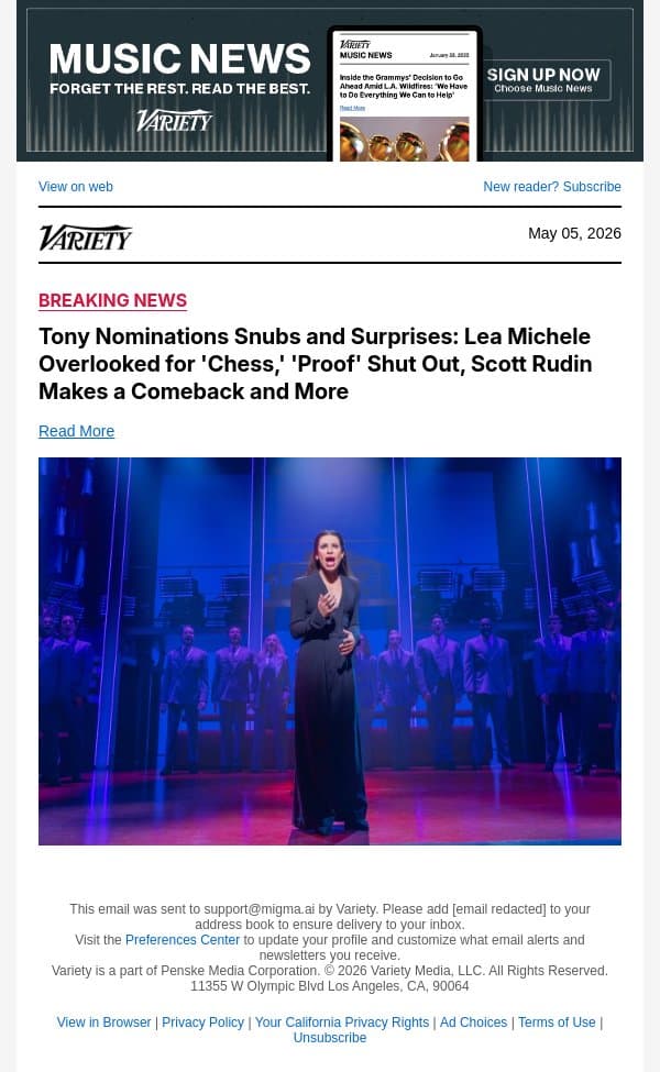 Tony Nominations Snubs and Surprises: Lea Michele Overlooked for 'Chess,' 'Proof' Shut Out, Scott Rudin Makes a Comeback and More email from Variety screenshot