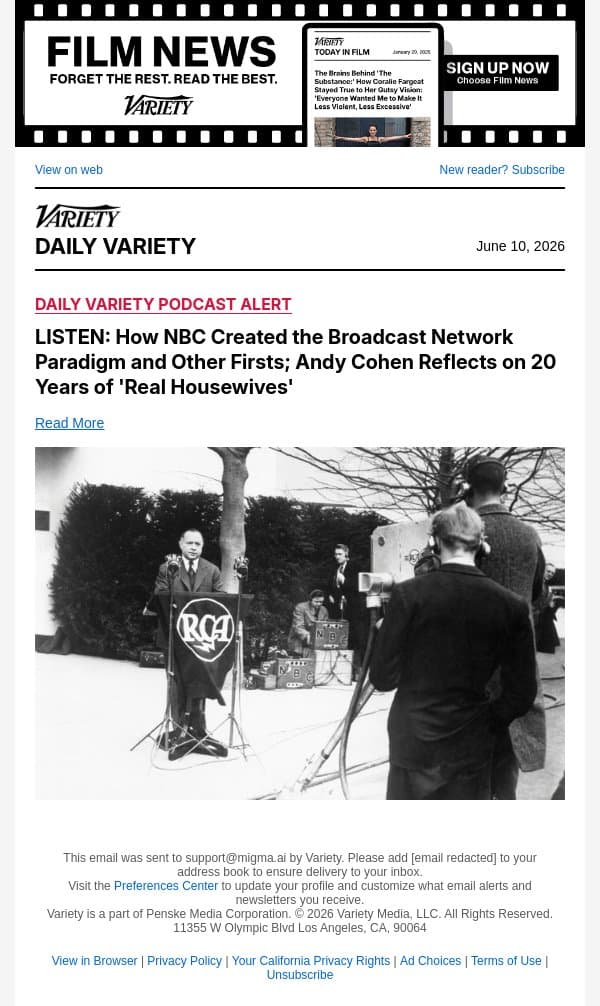 LISTEN: How NBC Created the Broadcast Network Paradigm and Other Firsts; Andy Cohen Reflects on 20 Years of 'Real Housewives' email from Variety screenshot