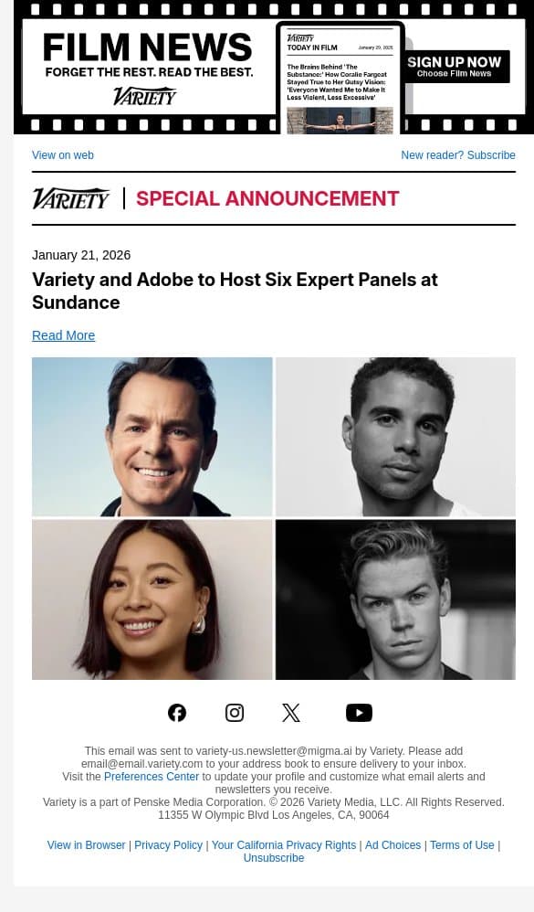 Variety and Adobe to Host Six Expert Panels at Sundance email from Variety screenshot
