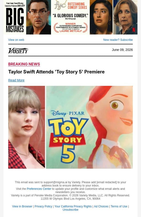 Taylor Swift Attends 'Toy Story 5' Premiere email from Variety screenshot