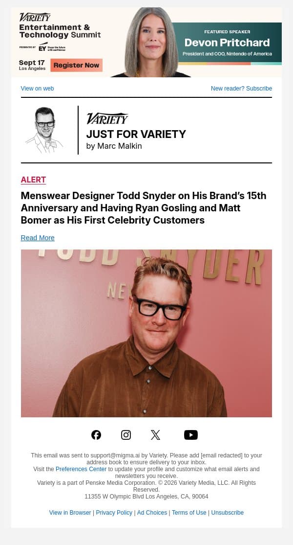 Menswear Designer Todd Snyder on His Brand’s 15th Anniversary and Having Ryan Gosling and Matt Bomer as His First Celebrity Customers email from Variety screenshot