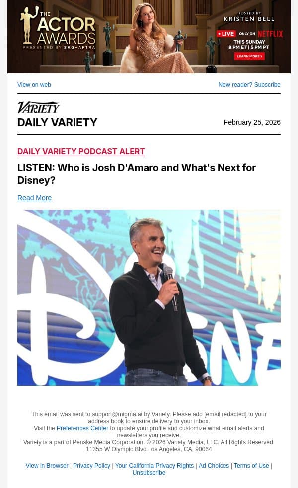 LISTEN: Who is Josh D'Amaro and What's Next for Disney? email from Variety screenshot