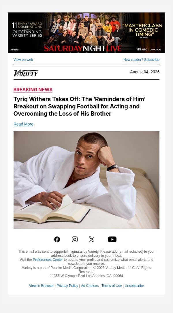 Tyriq Withers Takes Off: The ‘Reminders of Him’ Breakout on Swapping Football for Acting and Overcoming the Loss of His Brother email from Variety screenshot