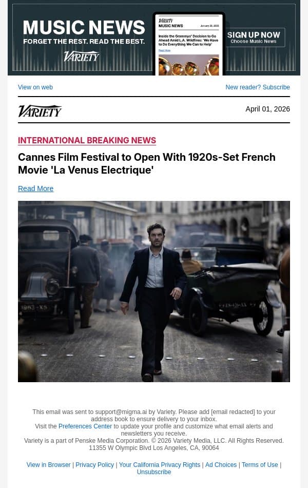 Cannes Film Festival to Open With 1920s-Set French Movie 'La Venus Electrique' email from Variety screenshot