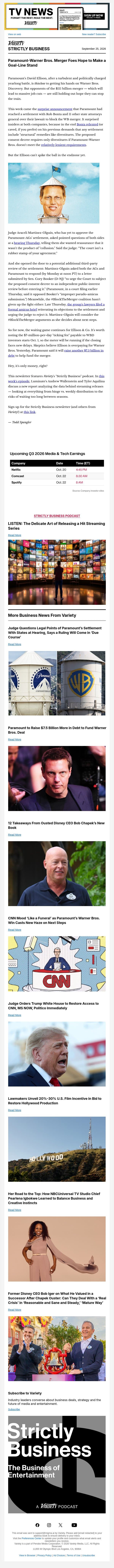 Strictly Business Newsletter & Podcast: Paramount-WB Merger on the 1-Yard Line; Bob Chapek Rips Iger in New Book; Federal Film Incentive Bill Advances; Data on Streaming Release Strategies; and More email from Variety screenshot
