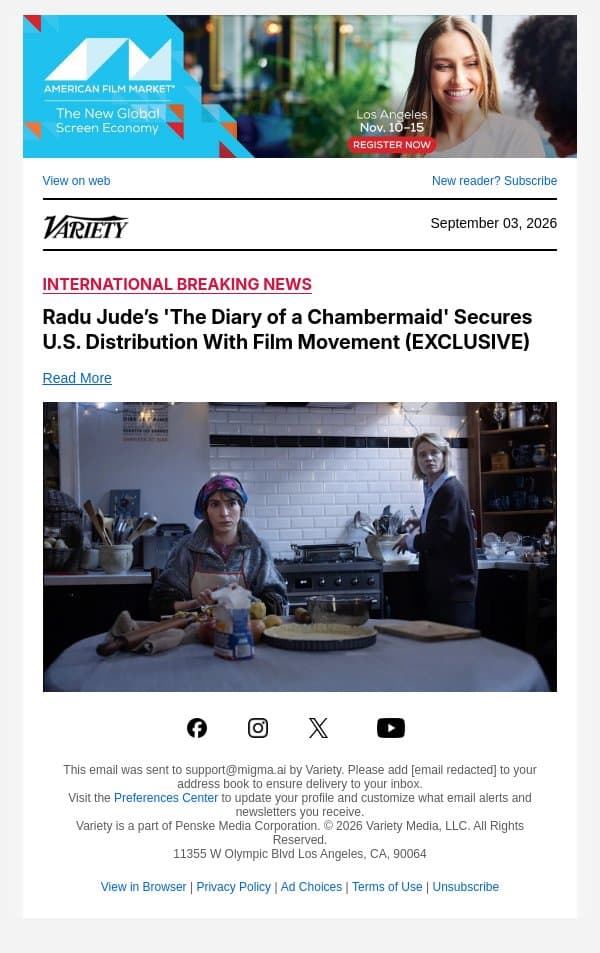 Radu Jude’s 'The Diary of a Chambermaid' Secures U.S. Distribution With Film Movement (EXCLUSIVE) email from Variety screenshot