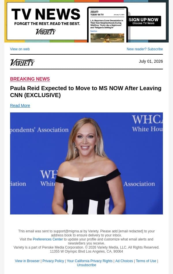 Paula Reid Expected to Move to MS NOW After Leaving CNN (EXCLUSIVE) email from Variety screenshot