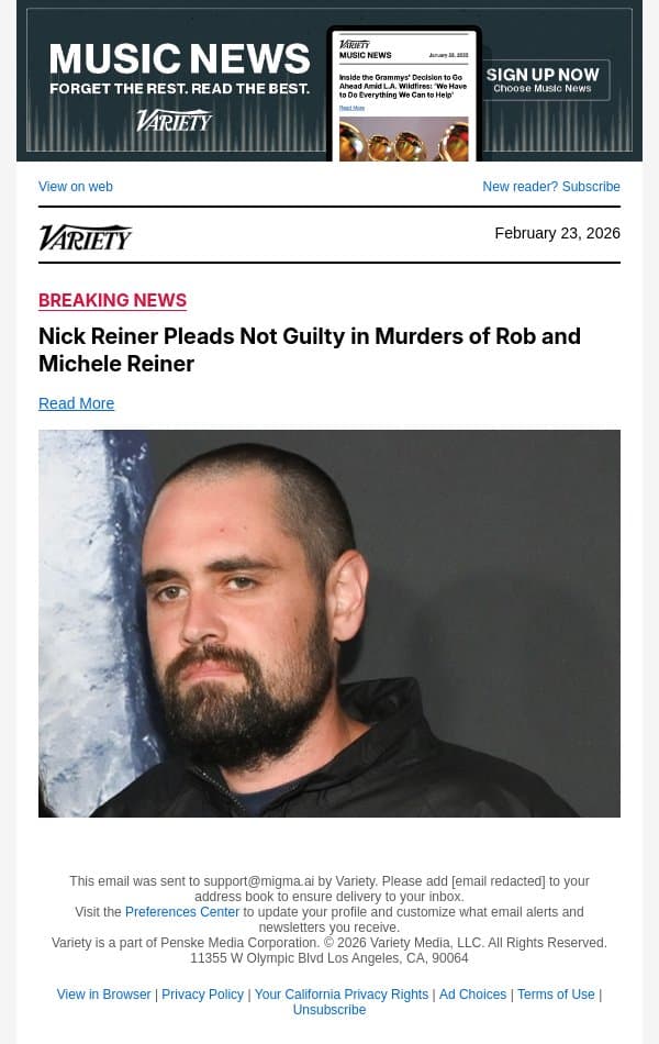 Nick Reiner Pleads Not Guilty in Murders of Rob and Michele Reiner email from Variety screenshot