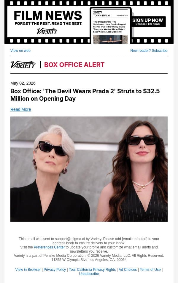 Box Office: 'The Devil Wears Prada 2' Struts to $32.5 Million on Opening Day email from Variety screenshot