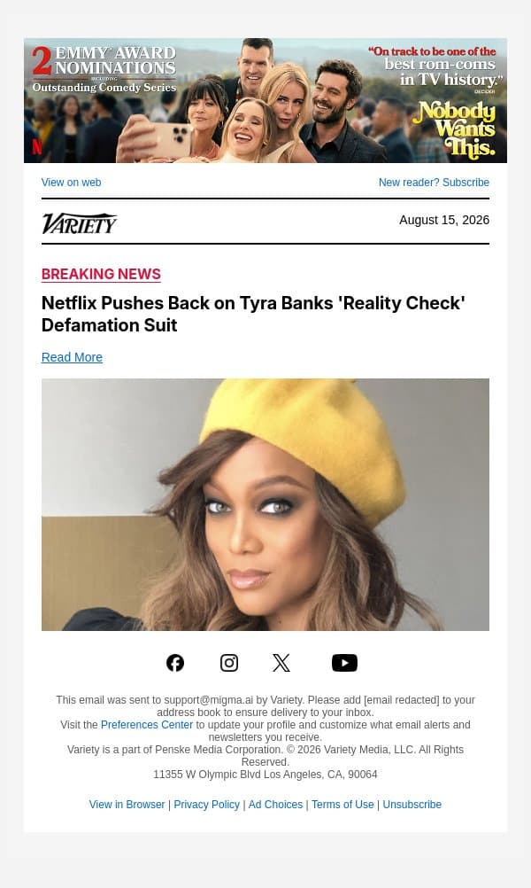 Netflix Pushes Back on Tyra Banks 'Reality Check' Defamation Suit email from Variety screenshot