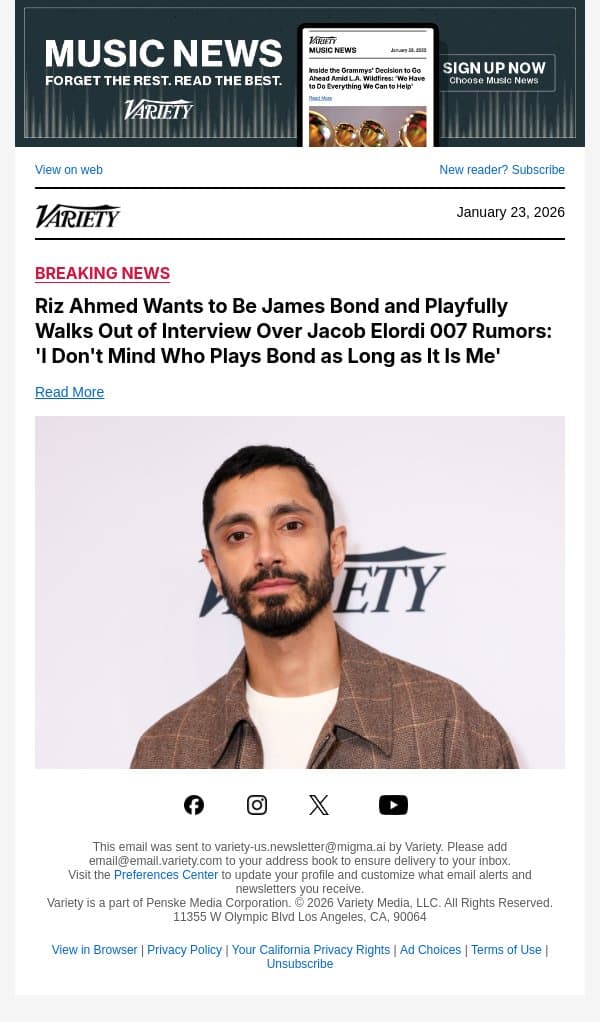Riz Ahmed Wants to Be James Bond and Playfully Walks Out of Interview Over Jacob Elordi 007 Rumors: 'I Don't Mind Who Plays Bond as Long as It Is Me' email from Variety screenshot