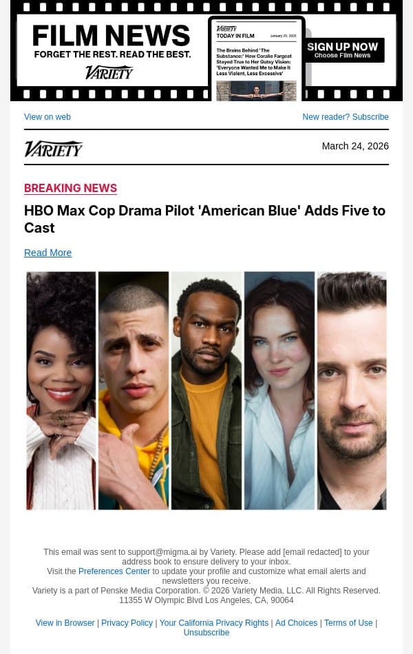 HBO Max Cop Drama Pilot 'American Blue' Adds Five to Cast email from Variety screenshot