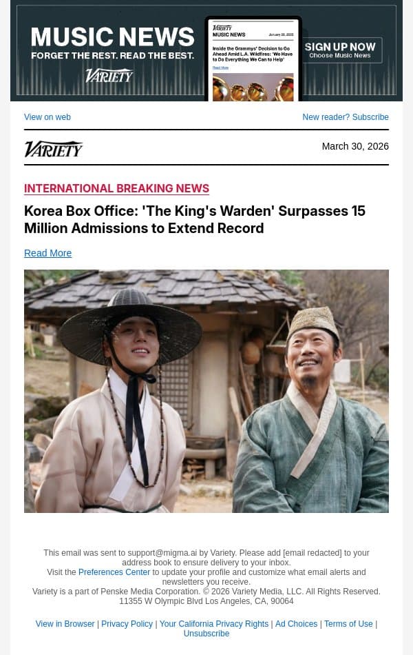 Korea Box Office: 'The King's Warden' Surpasses 15 Million Admissions to Extend Record email from Variety screenshot