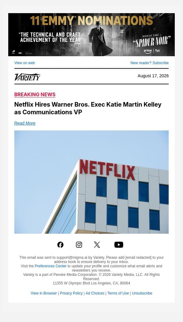 Netflix Hires Warner Bros. Exec Katie Martin Kelley as Communications VP email from Variety screenshot