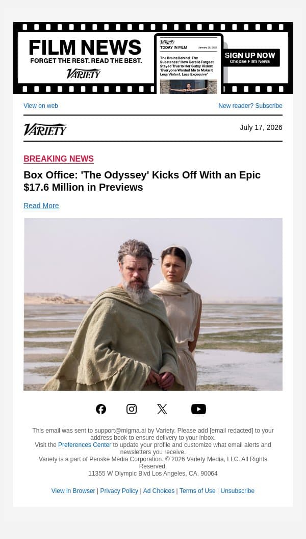Box Office: 'The Odyssey' Kicks Off With an Epic $17.6 Million in Previews email from Variety screenshot