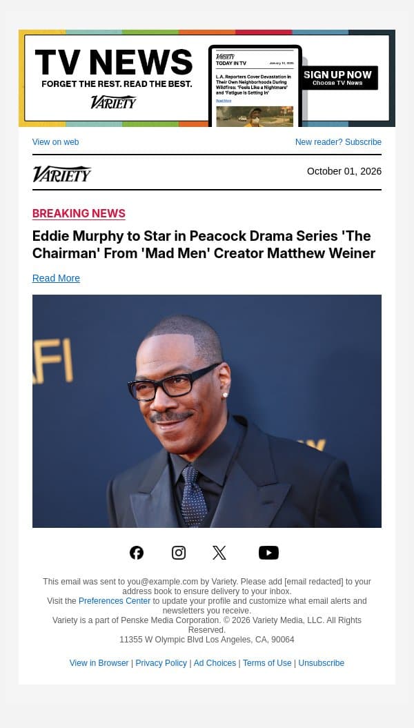Eddie Murphy to Star in Peacock Drama Series 'The Chairman' From 'Mad Men' Creator Matthew Weiner email from Variety screenshot