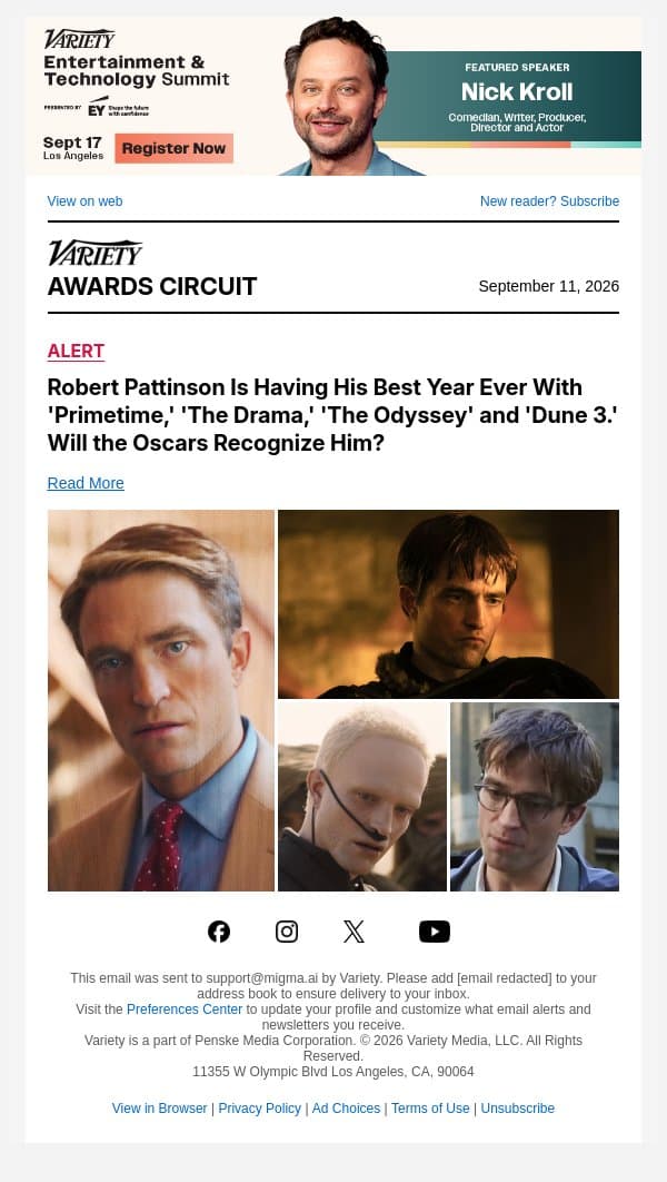 Robert Pattinson Is Having His Best Year Ever With 'Primetime,' 'The Drama,' 'The Odyssey' and 'Dune 3.' Will the Oscars Recognize Him? email from Variety screenshot