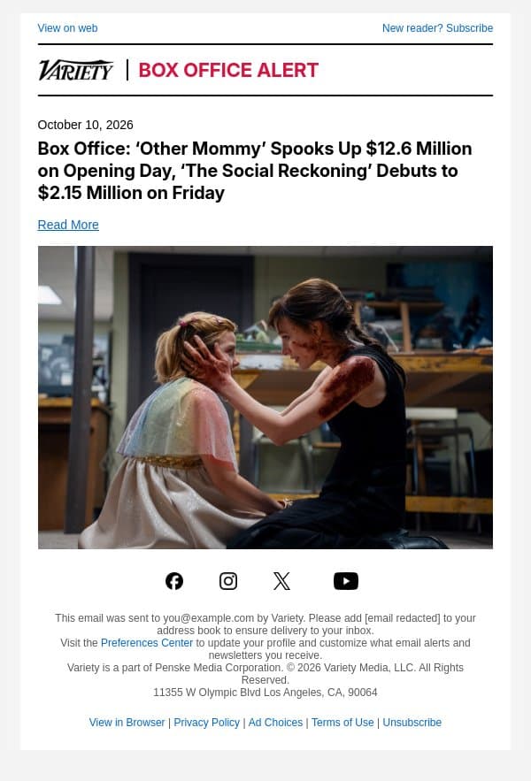 Box Office: ‘Other Mommy’ Spooks Up $12.6 Million on Opening Day, ‘The Social Reckoning’ Debuts to $2.15 Million on Friday email from Variety screenshot