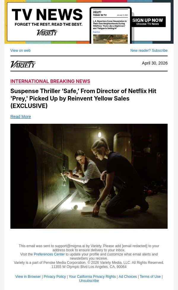 Suspense Thriller ‘Safe,’ From Director of Netflix Hit 'Prey,' Picked Up by Reinvent Yellow Sales (EXCLUSIVE) email from Variety screenshot