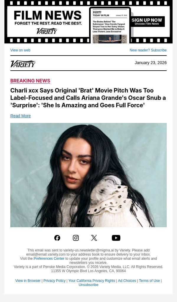 Charli xcx Says Original 'Brat' Movie Pitch Was Too Label-Focused and Calls Ariana Grande's Oscar Snub a 'Surprise': 'She Is Amazing and Goes Full Force' email from Variety screenshot
