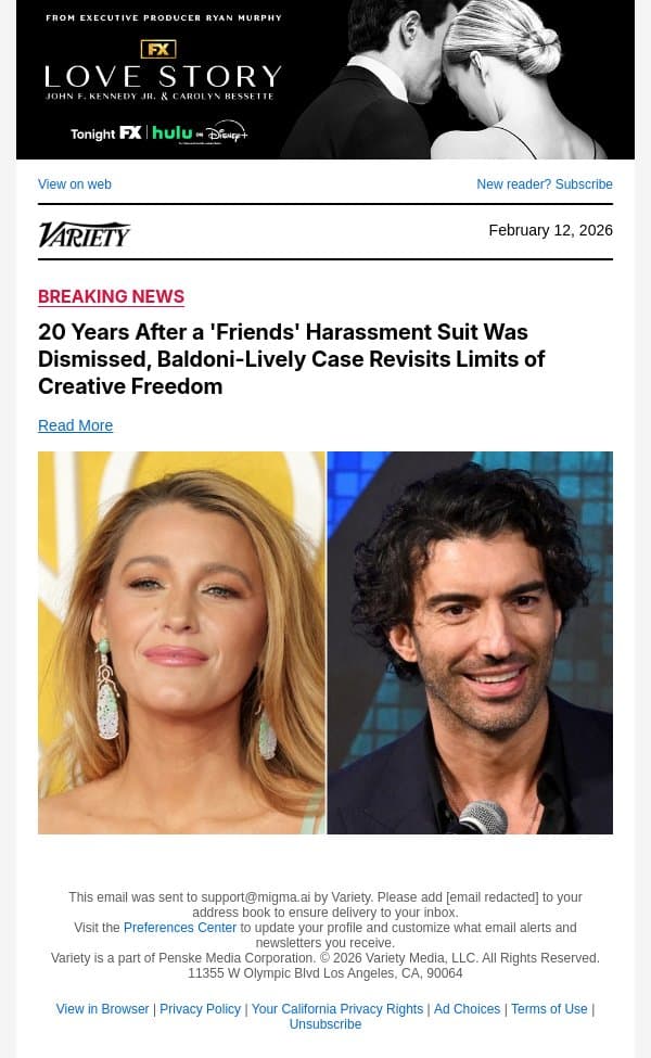 20 Years After a 'Friends' Harassment Suit Was Dismissed, Baldoni-Lively Case Revisits Limits of Creative Freedom email from Variety screenshot