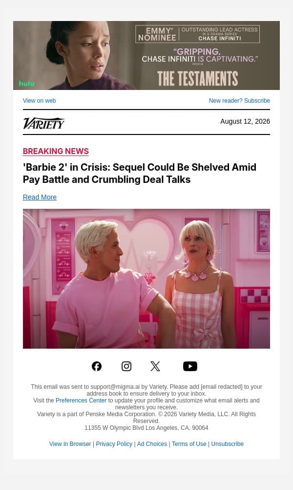 'Barbie 2' in Crisis: Sequel Could Be Shelved Amid Pay Battle and Crumbling Deal Talks email from Variety screenshot