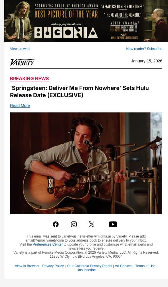 'Springsteen: Deliver Me From Nowhere' Sets Hulu Release Date (EXCLUSIVE) email from Variety screenshot