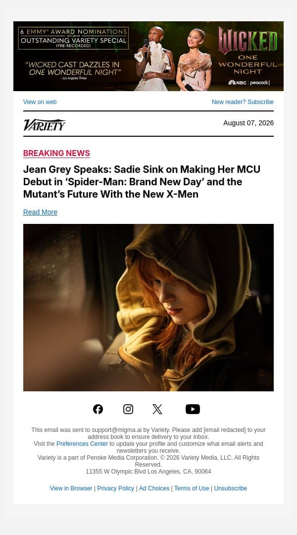 Jean Grey Speaks: Sadie Sink on Making Her MCU Debut in ‘Spider-Man: Brand New Day’ and the Mutant’s Future With the New X-Men email from Variety screenshot