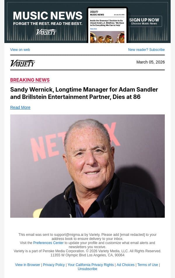 Sandy Wernick, Longtime Manager for Adam Sandler and Brillstein Entertainment Partner, Dies at 86 email from Variety screenshot