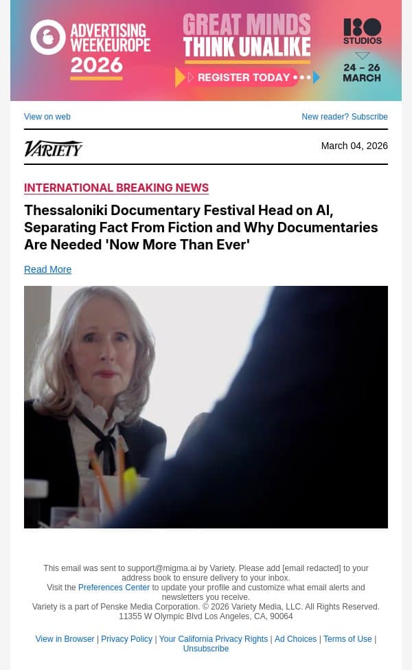 Thessaloniki Documentary Festival Head on AI, Separating Fact From Fiction and Why Documentaries Are Needed 'Now More Than Ever' email from Variety screenshot