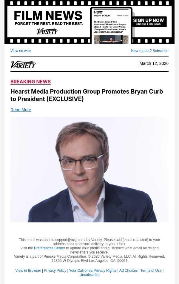 Hearst Media Production Group Promotes Bryan Curb to President (EXCLUSIVE) email from Variety screenshot