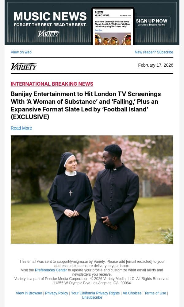 Banijay Entertainment to Hit London TV Screenings With ‘A Woman of Substance’ and ‘Falling,’ Plus an Expansive Format Slate Led by ‘Football Island’ (EXCLUSIVE) email from Variety screenshot