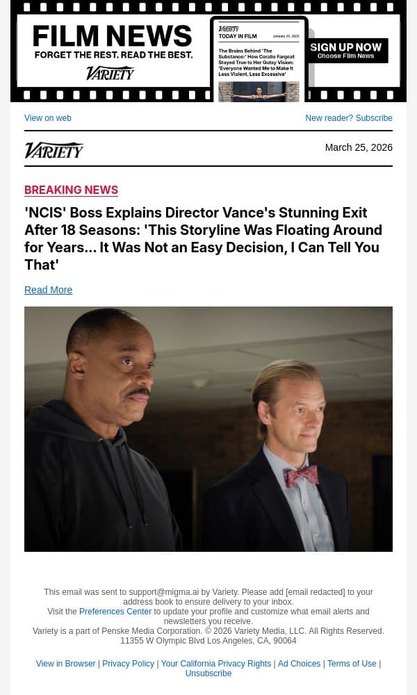 'NCIS' Boss Explains Director Vance's Stunning Exit After 18 Seasons: 'This Storyline Was Floating Around for Years... It Was Not an Easy Decision, I Can Tell You That' email from Variety screenshot