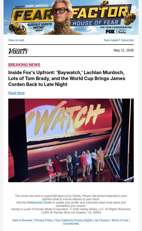 Inside Fox's Upfront: 'Baywatch,' Lachlan Murdoch, Lots of Tom Brady, and the World Cup Brings James Corden Back to Late Night email from Variety screenshot