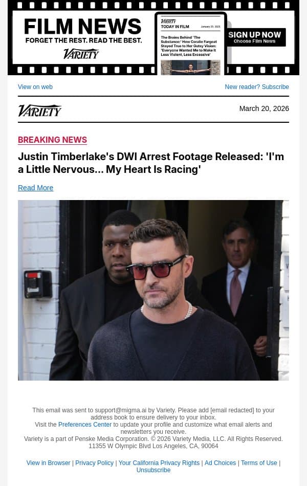 Justin Timberlake's DWI Arrest Footage Released: 'I'm a Little Nervous... My Heart Is Racing' email from Variety screenshot