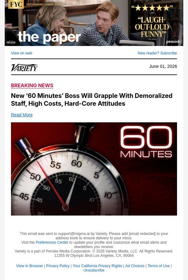 New ‘60 Minutes’ Boss Will Grapple With Demoralized Staff, High Costs, Hard-Core Attitudes email from Variety screenshot