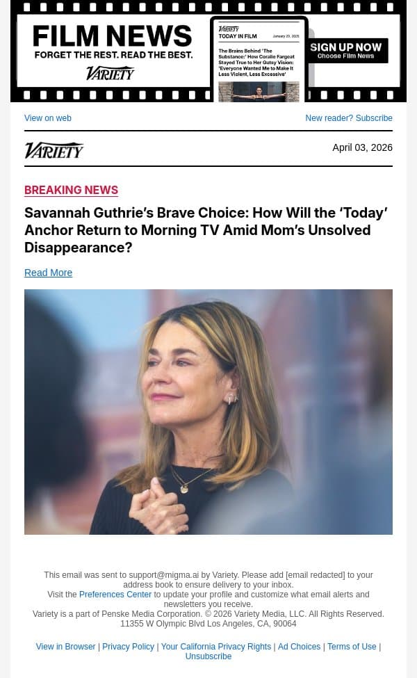 Savannah Guthrie’s Brave Choice: How Will the ‘Today’ Anchor Return to Morning TV Amid Mom’s Unsolved Disappearance? email from Variety screenshot