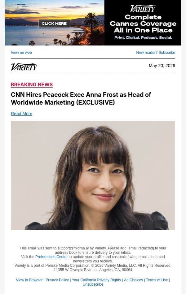 CNN Hires Peacock Exec Anna Frost as Head of Worldwide Marketing (EXCLUSIVE) email from Variety screenshot