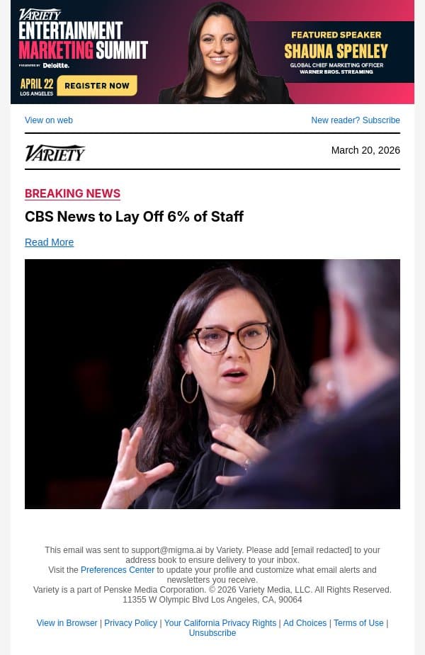 CBS News to Lay Off 6% of Staff email from Variety screenshot